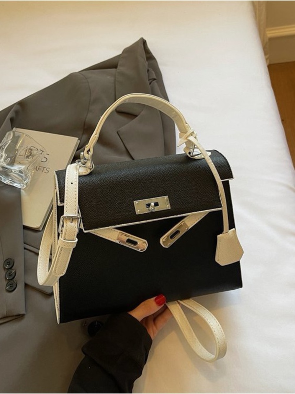 Classic Black & Cream Top-Handle Satchel